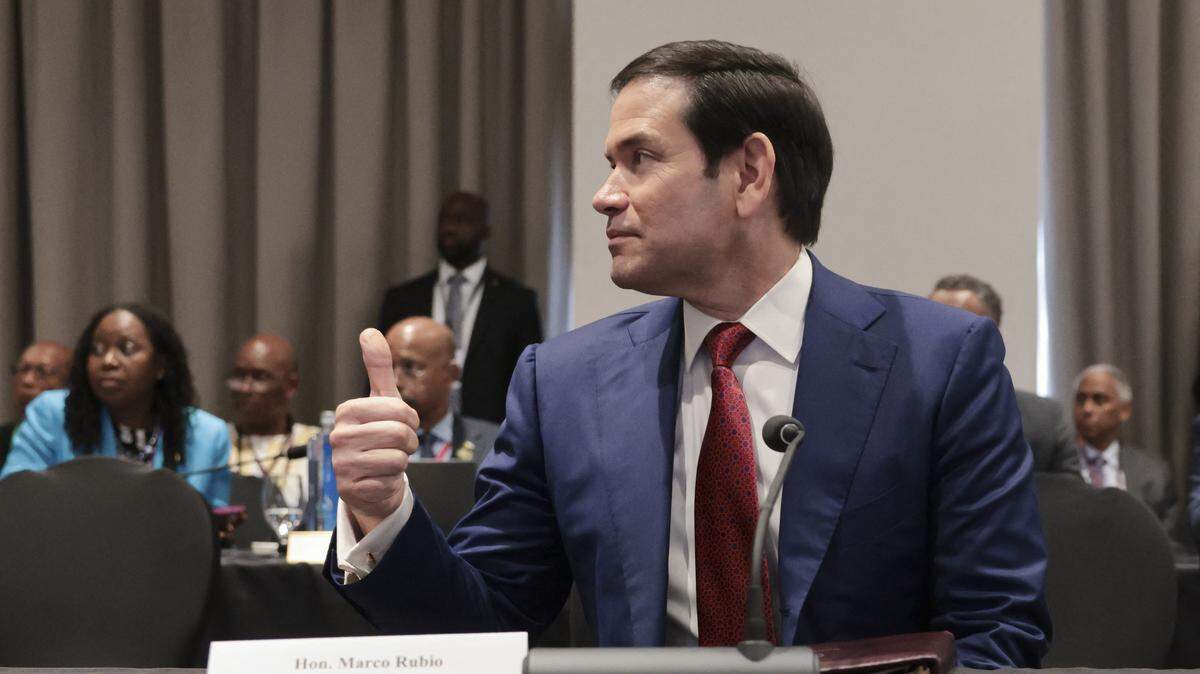 U.S. Secretary of State Marco Rubio gives a thumbs up as he attends a Caribbean Community (CARICOM) plenary session in Basseterre, Saint Kitts and Nevis on Feb. 25.