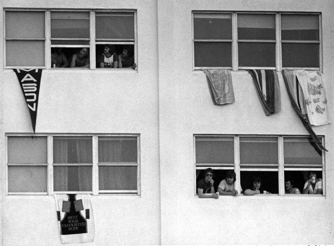 Spring break college invasion in Fort Lauderdale. Towel hangers at the Sunrise Inn.