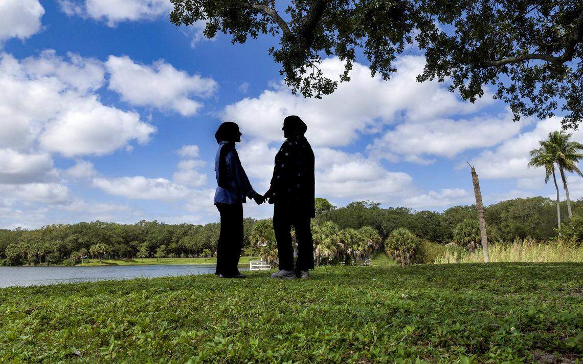 A Dreamer student named Faten with her mother. She and her family immigrated from West Bank when she was 5, and is a now-former FAU communications student. She was less than 10 credits away from graduating before she lost access to in-state tuition, and is now planning to finish her degree at Lynn University with the help of a new scholarship partnership with TheDream.US. on Saturday , July 26, 2025.