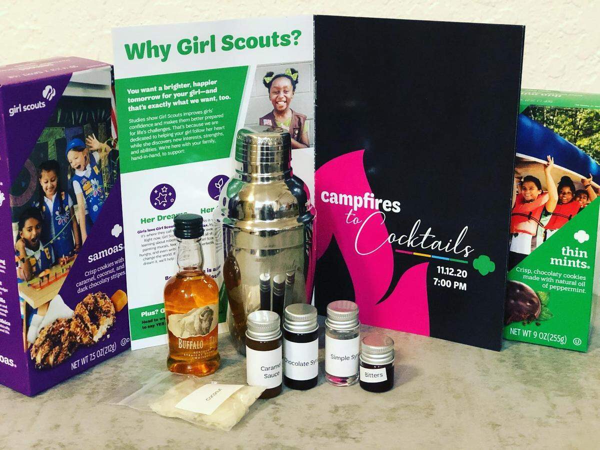 The Samoas cookie-inspired cocktail kit sent to participants in the Girl Scouts of Tropical Florida’s virtual fundraiser in September 2020.