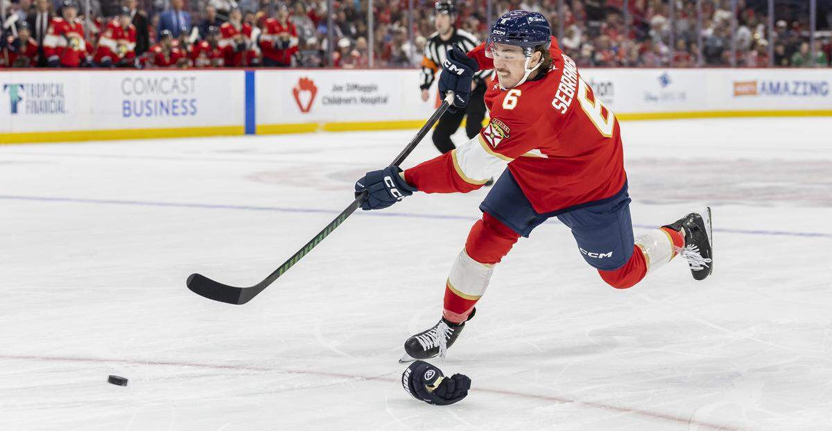 Florida Panthers defenseman Donovan Sebrango (6) shoots the puck toward Dallas Stars goaltender Casey Desmith (1) in the first period of an NHL game at Amerant Bank Arena on Saturday, Nov. 1, 2025, in Sunrise, Fla.