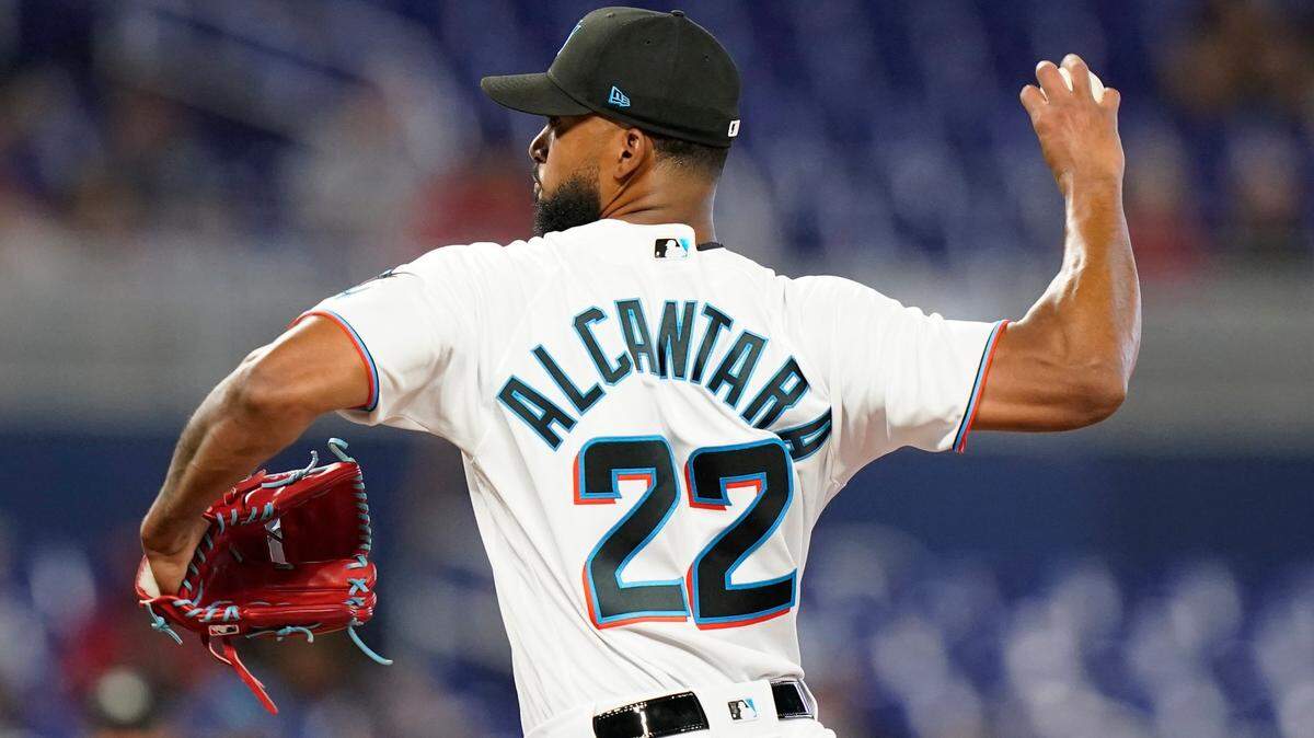 Miami Marlins starting pitcher Sandy Alcantara throws during the first inning of a baseball game against the St. Louis Cardinals, Wednesday, April 20, 2022, in Miami. (AP Photo/Lynne Sladky)