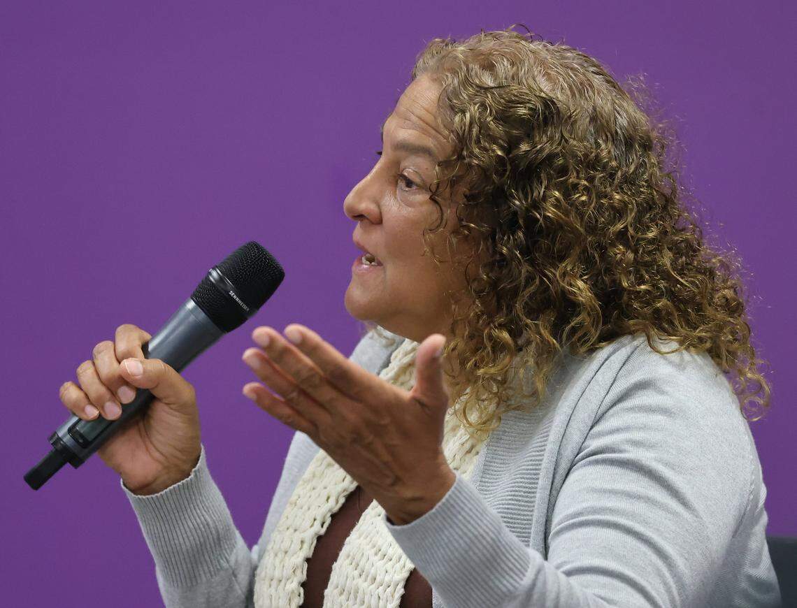 Francoise Cham, a single mom close to retiring, finally found an affordable plan on the Marketplace exchange to care for her and her daughter. She speaks to the spike in healthcare costs or its unaffordability as she addresses the three Senate Democrats, on Monday, November 3, 2025 at the SEIU Local 1991 in Miami, Florida. 