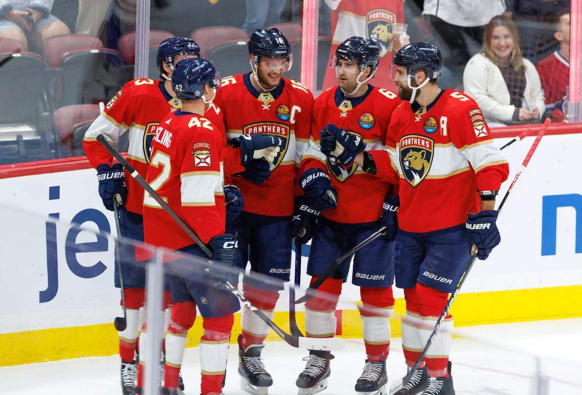Florida Panthers center Aleksander Barkov (16) celebrate with teammates after scoring a goal during the first period of an NHL game against Montreal Canadiens at FLA Live Arena on Thursday, December 29, 2022 in Sunrise, Fl.