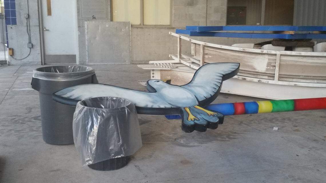 One of the seagulls that used to whir to life when the home team hit a home run at Marlins Park lies grounded after Derek Jeter’s front office succeeded in winning permission to dismantle the seven-story home run sculpture that is owned by Miami-Dade County. Until recently, the sculpture sat behind center field. Now it’s in storage somewhere in the stadium. This photo was taken by an employee of the county’s Cultural Affairs office.