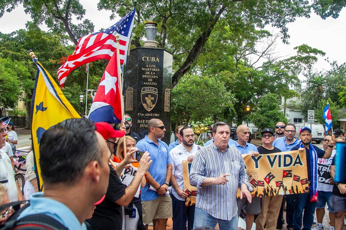 City of Miami Commissioner Joe Carollo speaks on Friday, July 23, 2021, at the Bay of Pigs Monument during a march called by the Kiwanis Club of Little Havana along Southwest Eighth Street to show solidarity and support for the Cuban people seeking the end of 62 years of an oppressive authoritarian regime on the island.
