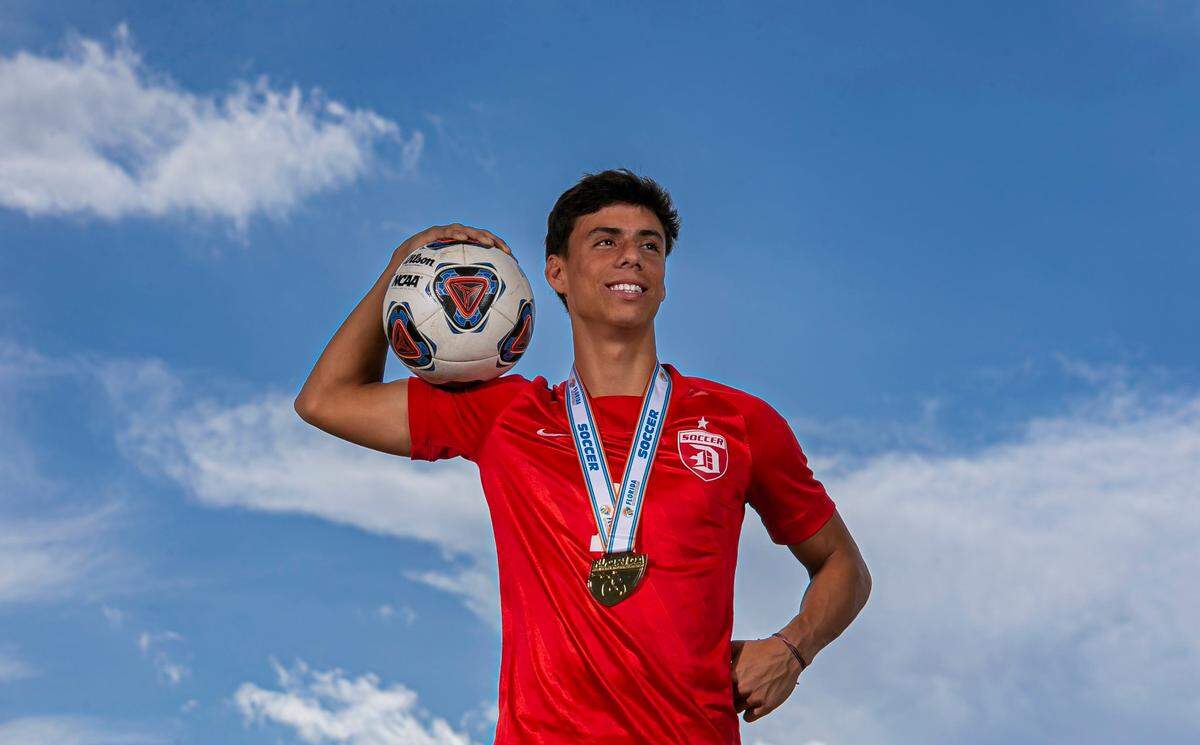 Dade Soccer Big School Player of the Year Carlos Zambrano, from Doral Academy, is photographed at A.D. Barnes Park in Miami, Florida on Thursday, March 17, 2022.