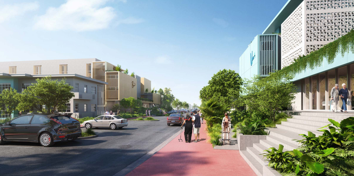 A rendering shows two senior affordable housing buildings in Normandy Shores planned by the Housing Authority of the City of Miami Beach. The buildings were originally contemplated as housing for families.