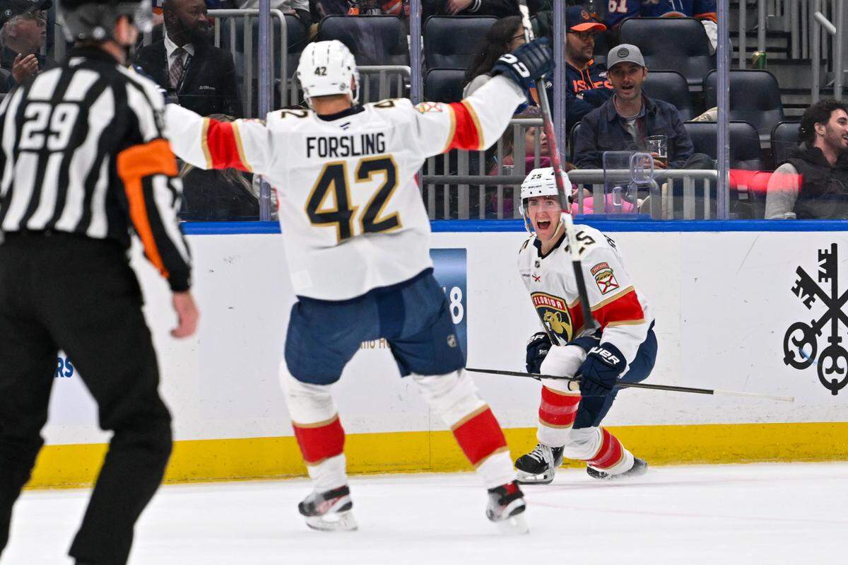 Oct 26, 2024; Elmont, New York, USA; Florida Panthers right wing Mackie Samoskevich (25) celebrates his goal against the New York Islanders during the second period at UBS Arena. Mandatory Credit: Dennis Schneidler-Imagn Images