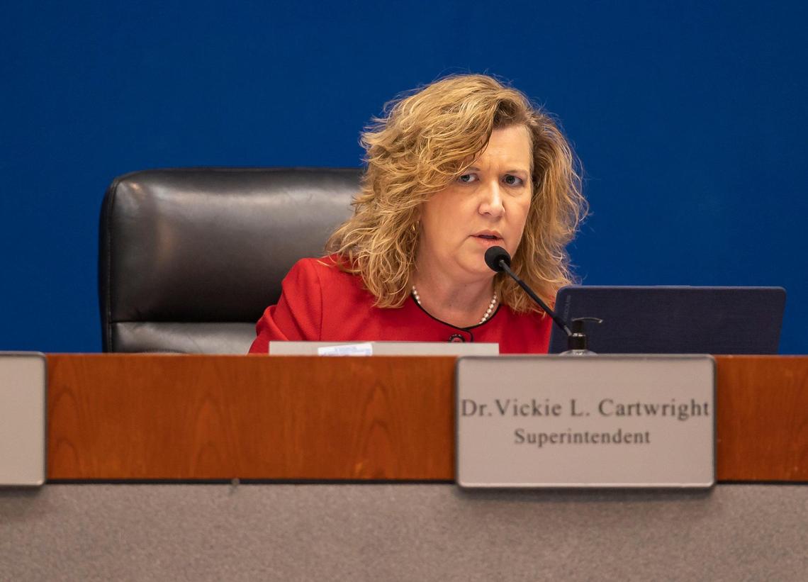 Broward County School Board superintendent Vickie Cartwright speaks during a meeting at the Kathleen C. Wright Administration Center on Monday, Nov. 14, 2022, in Fort Lauderdale, Fla. Around 10 p.m. that evening, the Broward School Board, in a 5-4 vote, voted to fire Cartwright in a surprise move.
