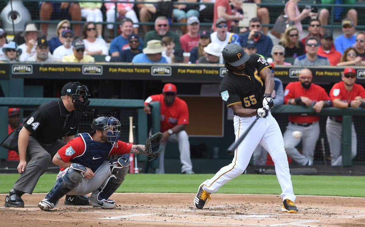 Pirates designated hitter Josh Bell went 1-for-2 Monday against the Red Sox at LECOM Park.
