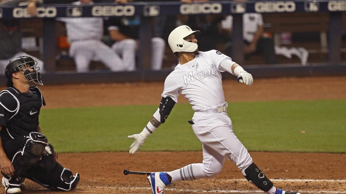Miami Marlins second baseman Isan Diaz (1) hits a three run home run during the third inning of a Major League Baseball game against the Philadelphia Phillies at Marlins Park in Miami on Friday, August 23, 2019..