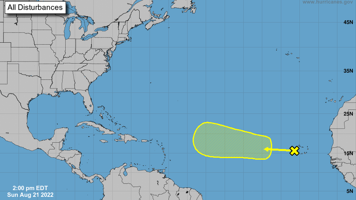 Located just west of the Cabo Verde Islands, a tropical wave is producing disorganized showers and thunderstorms, the National Hurricane Center said in its 2 p.m. bulletin on Sunday, Aug. 21, 2022.