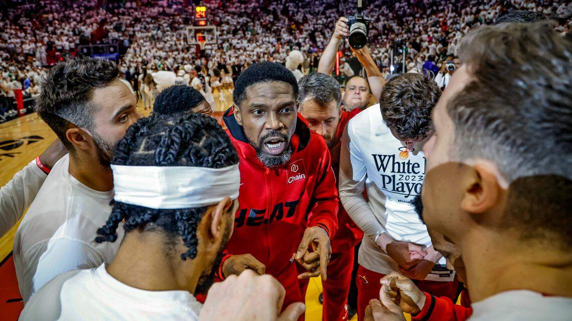 Miami Heat forward Udonis Haslem (40) speaks to teammates before the start of the game against the Boston Celtics in Game 6 of the Eastern Conference finals at the Kaseya Center in Miami on Saturday, May 27, 2023.