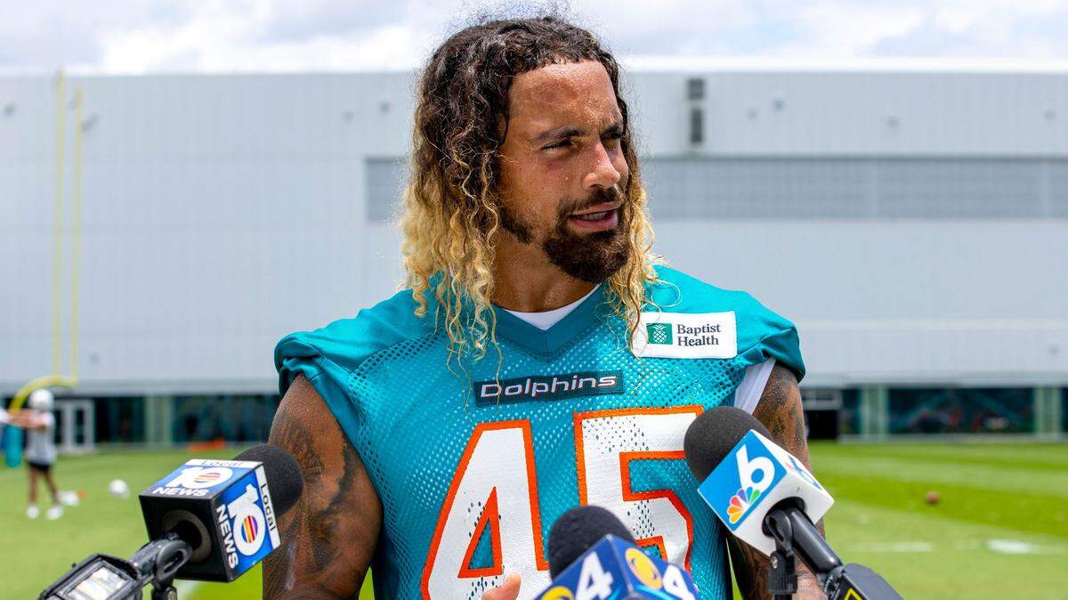 Miami Dolphins linebacker Duke Riley (45) speaks to the media after the second day of mandatory mini camp at Baptist Health Training Complex in Miami Gardens, Florida, on Thursday, June 2, 2022.