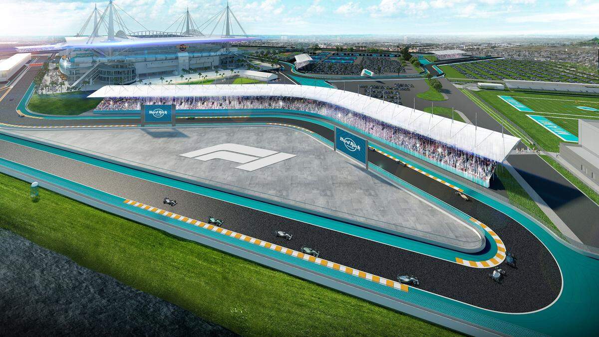 This is an artist’s rendering of the proposed course for the Formula One Miami Grand Prix, which would be held annually at Hard Rock Stadium in Miami Gardens if the race gains county approval.