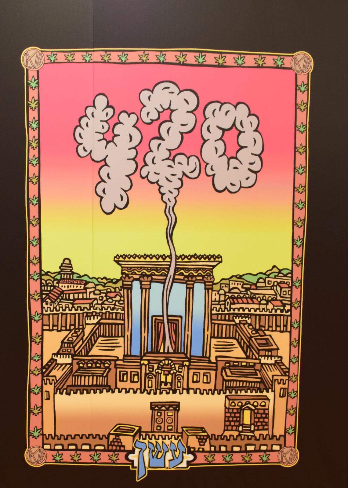 Steve Marcus’ work, “420- עשן” references the mystical nature of numbers in Judaism, in particular the belief that Solomon’s Temple stood for 420 years and simultaneously, the number became a code for smoking marijuana.
