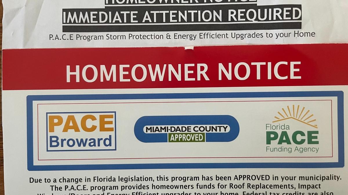 Los proveedores del programa de energía limpia con evaluación de la propiedad en Florida suelen enviar por correo folletos publicitando sus servicios a los propietarios de viviendas. Las nuevas medidas de protección del consumidor aprobadas por el Miami-Dade impedirían a los proveedores anunciarse con una versión del sello del condado.