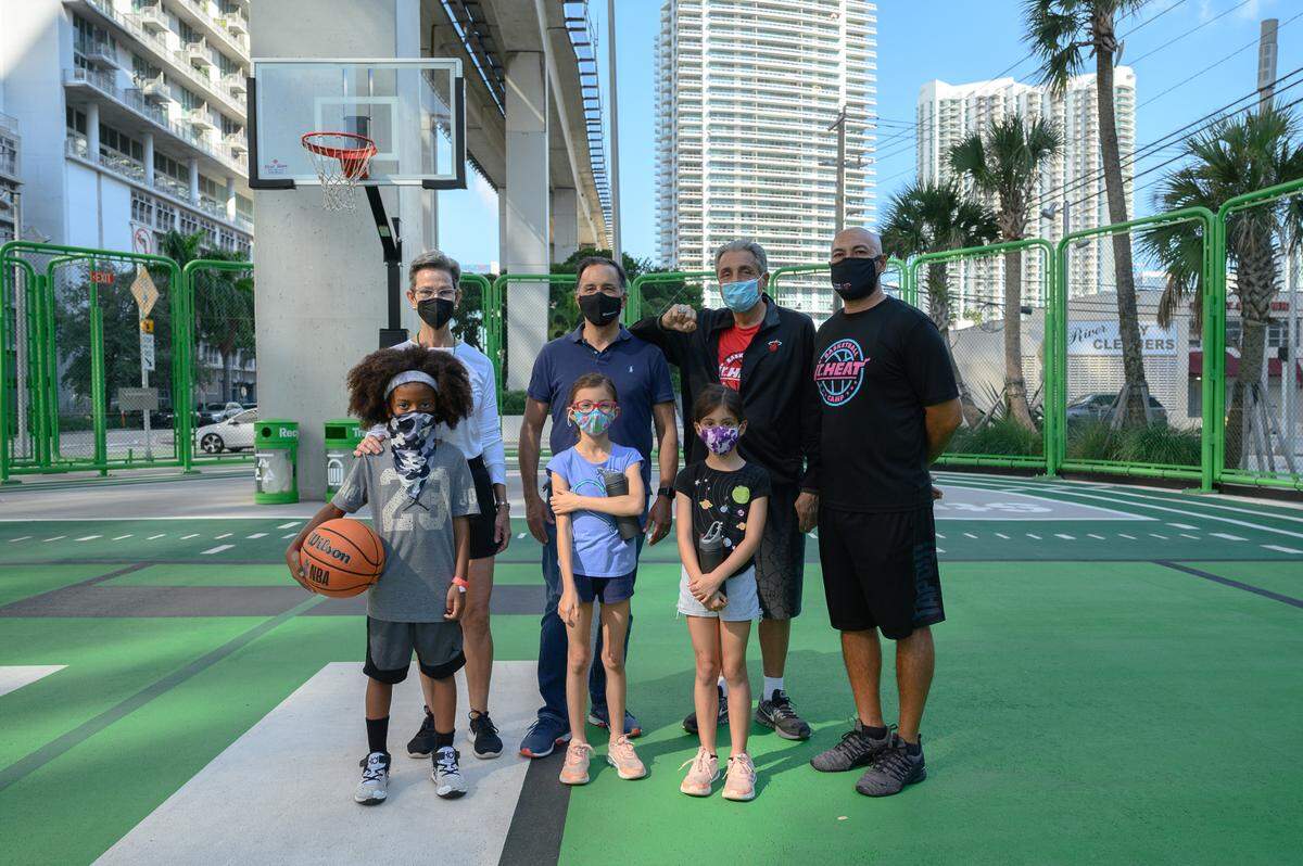 The Jr. HEAT Skills & Drills is being offered to children in the community on Saturdays at The Underline. At a recent camp are, from left, back row, Meg Daly (The&nbsp;Underline), Rodrigo Bilbao (Swire), Tony Fiorentino and Rick Reyes (Jr. HEAT Coaches). In the front row are Christian Gittens, Amara Bilbao, and Olivia Bilbao.