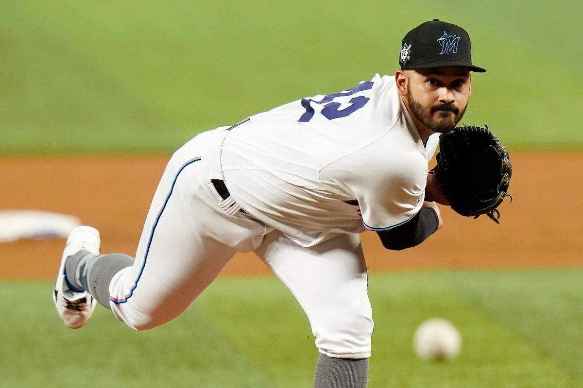 Miami Marlins starting pitcher Pablo Lopez throws during the third inning of a baseball game against the Philadelphia Phillies, Friday, April 15, 2022, in Miami. (AP Photo/Lynne Sladky)