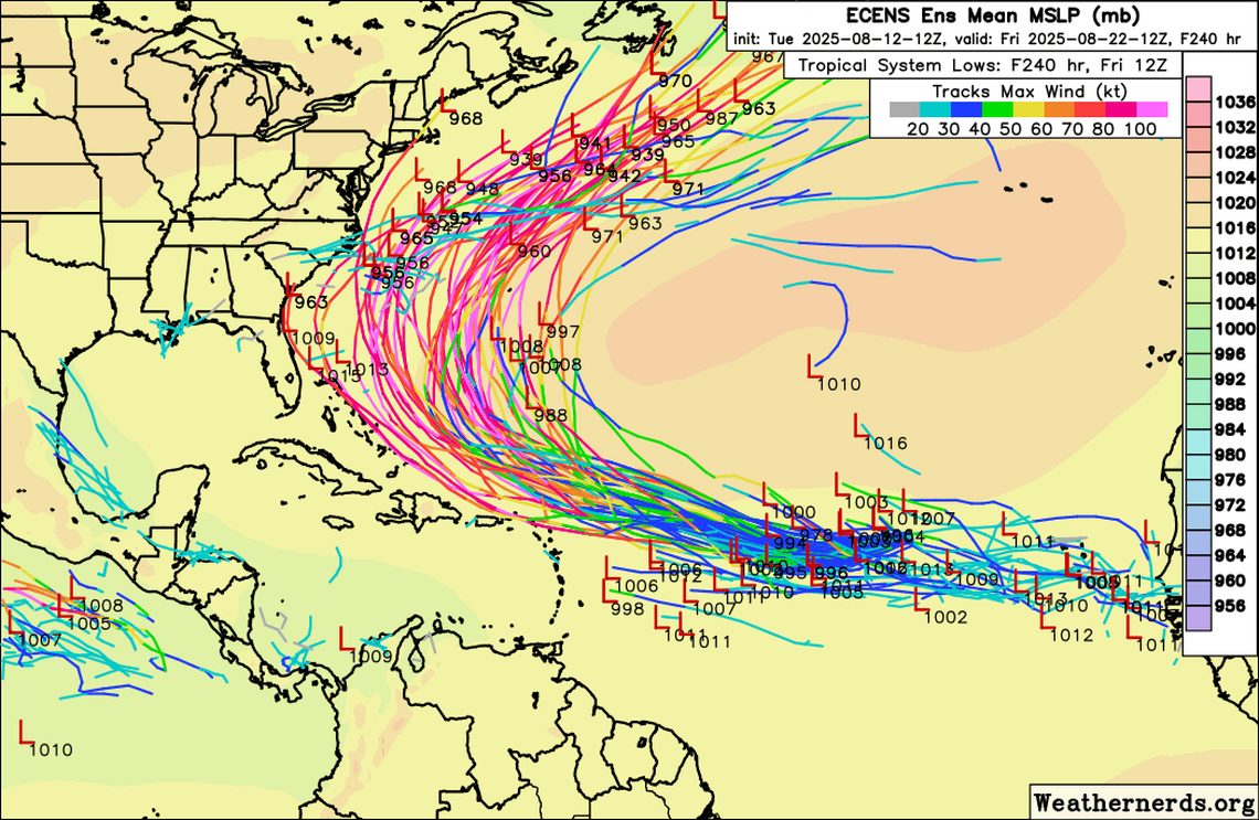 The Tuesday afternoon run of the European ensemble global weather model continues to suggest that Tropical Storm Erin will curve north in the Caribbean early next week.