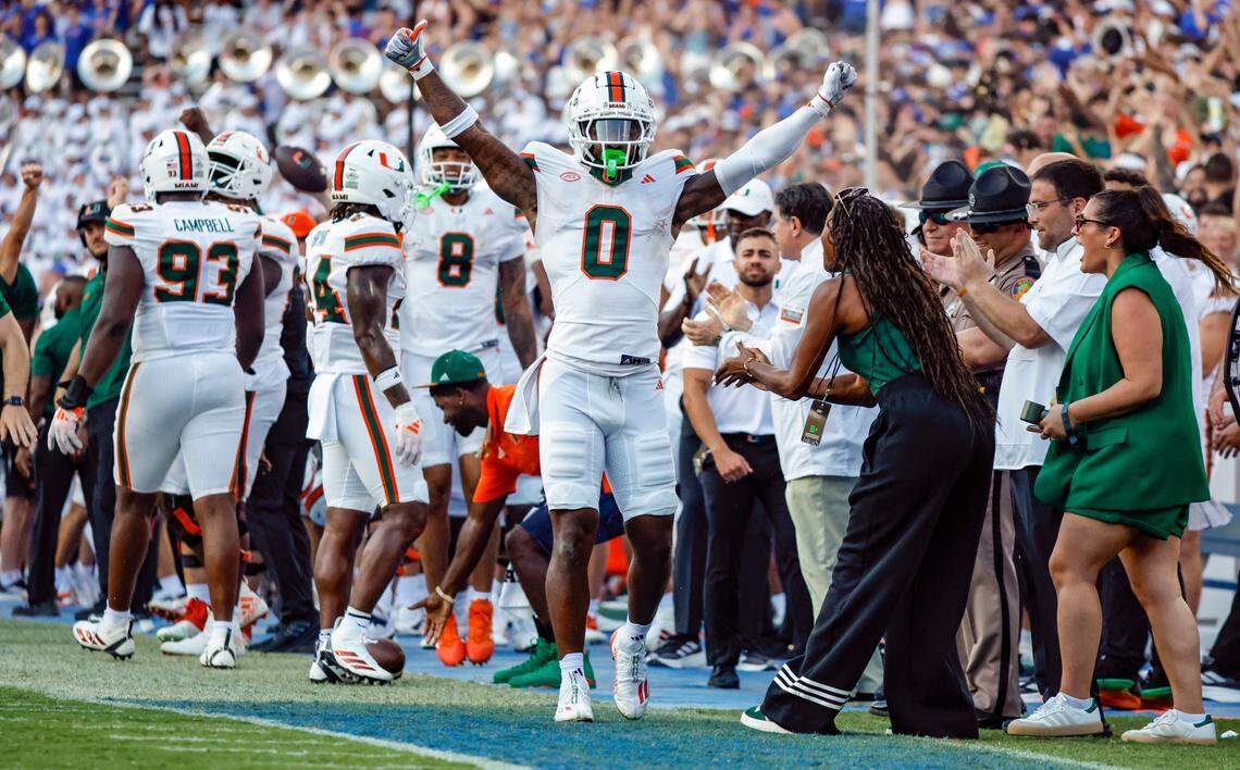 Miami Hurricanes defensive back Mishael Powell (0) reacts after intercepting the ball against the Florida Gators during the second half of an NCAA college football game at Ben Hill Griffin Stadium in Gainesville, Florida, on Saturday, August 31, 2024.