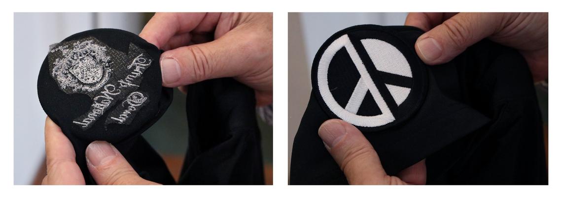 A peace sign patch replaces the Trump National Doral emblem on the sleeve of a golf shirt that belongs to Peter Brooke, 74. Brooke is an outspoken advocate for neighbors with blocked views and former golf club members waiting to get their deposits back.