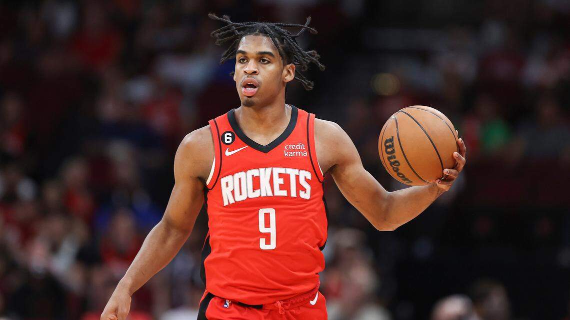 Houston Rockets guard Josh Christopher (9) brings the ball up the court during the second quarter against the Denver Nuggets at Toyota Center.