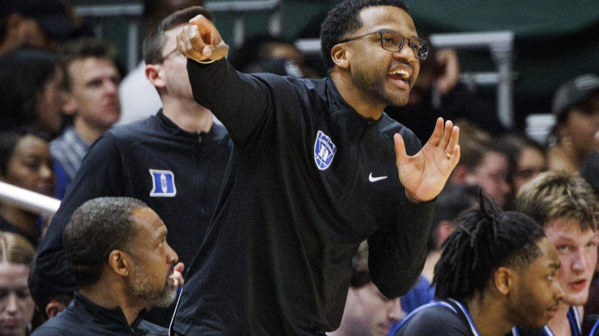 Jai Lucas, Duke associate head coach, was named the Miami Hurricanes head coach on March 6, 2025. He is shown coaching his current his players during the second half of a game against the Miami (Fl) Hurricanes last week, at Watsco Center in Coral Gables, Fla. The Blue Devils won 97-60.