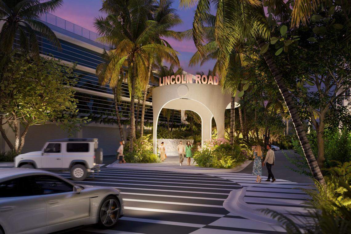 A rendering depicts a controversial proposed $12 million redesign of the easternmost block of Lincoln Road in Miami Beach under a city-approved offer from the owners of the Ritz-Carlton and Sagamore hotels. The plan includes an arched entryway to the beach designed by Lincoln Road Mall architect Morris Lapidus but never built. The hotel owners would contribute $4 million to the project, with local and state taxpayers funding the rest.