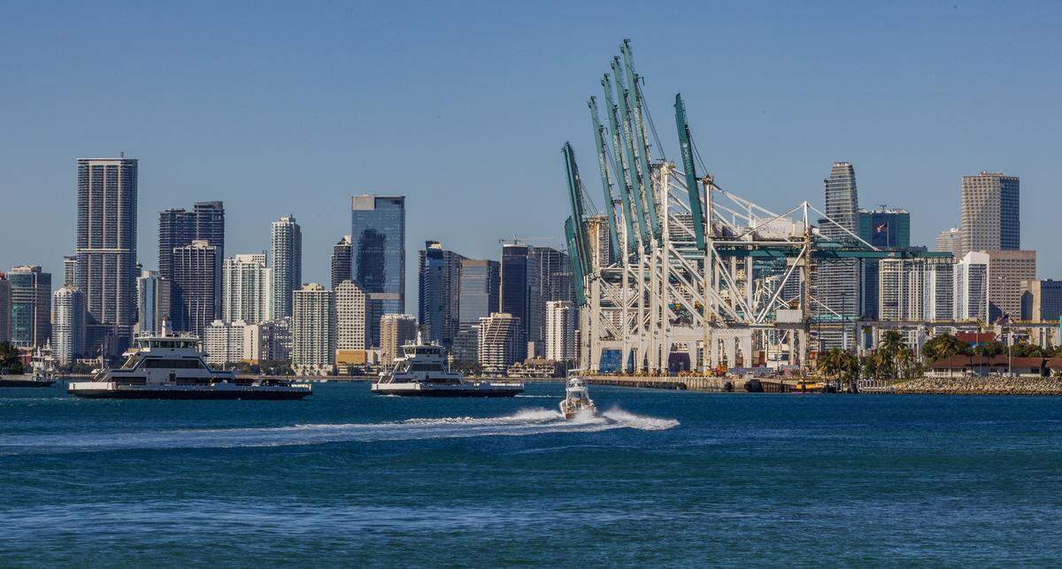 View of the Miami Skyline and PortMiami, early morning on January first, 2026, as South Florida experience sunny, clear conditions with highs in the mid-to-upper 60s and lows in the upper 30s to lower 40s on Thursday, January 01, 2026.