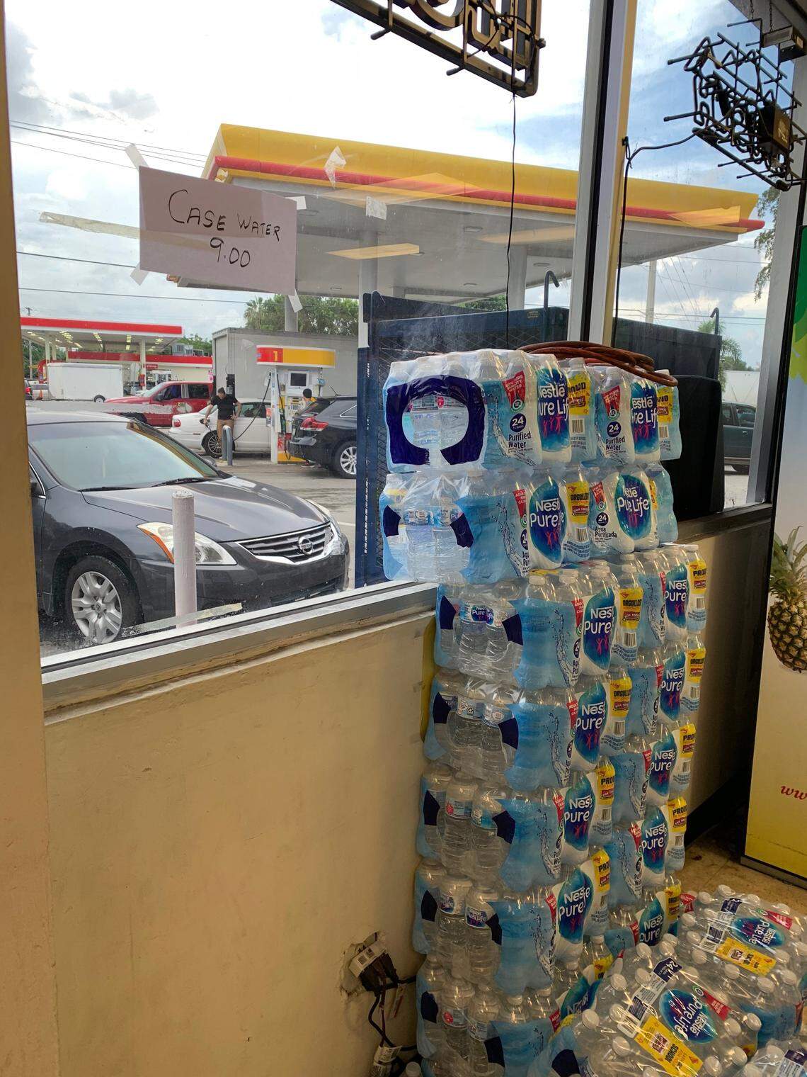 A Shell gas station in Broward was selling a 24 case of bottled water for $9, the original price being $3.98.
