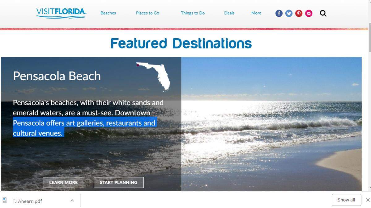 Screenshot of the Visit Florida website on Oct. 19, 2019, highlighting an area spared by Hurricane Michael.