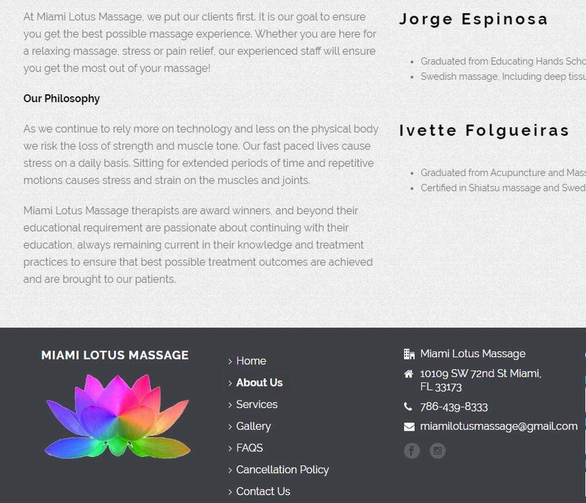 Part of Miami Lotus Massage’s About Us page includes Jorge Espinosa, but places their establishment at a different address than the Dec. 27 incident or than they filed with the state of Florida