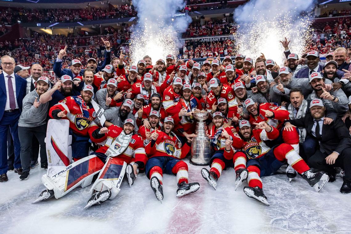 Sunrise, Florida, June 24, 2024 - Panthers celebrate with the Stanley Cup after defeating the Edmonton Oilers in Game 7 of the Stanley Cup Final