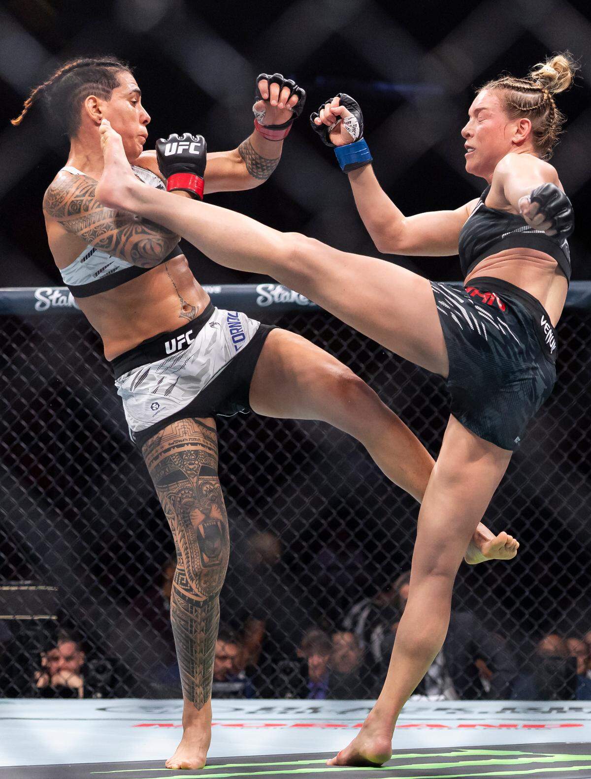 Nora Cornolle of France and Hailey Cowan fight in their Women Bantamweight bout during UFC 314 at the Kaseya Center on Saturday, April 12, 2025, in downtown Miami, Fla.