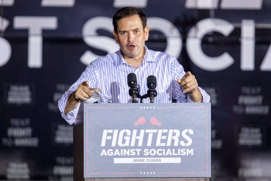 U.S. Sen. Marco Rubio speaks at a ‘Fighters against Socialism’ event at the Wings Over Miami Museum in Miami, Florida, on Sunday, Oct. 11, 2020.