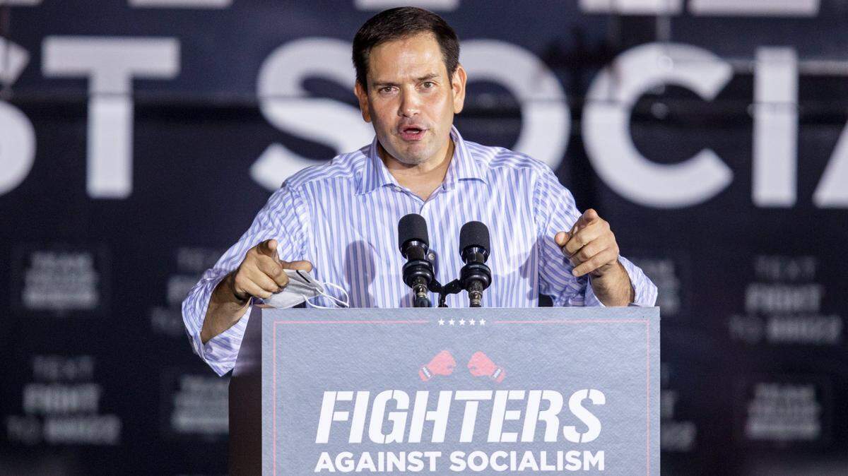 U.S. Sen. Marco Rubio speaks at a ‘Fighters against Socialism’ event at the Wings Over Miami Museum in Miami, Florida, on Sunday, Oct. 11, 2020.