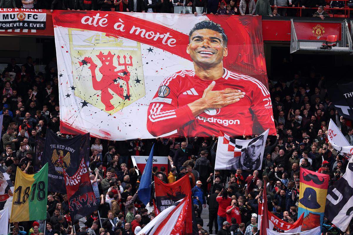 MANCHESTER, ENGLAND - MAY 17: A tribute banner for Casemiro of Manchester United is unveiled by the fans prior to the Premier League match between Manchester United and Nottingham Forest at Old Trafford on May 17, 2026 in Manchester, England. (Photo by Alex Livesey/Getty Images)