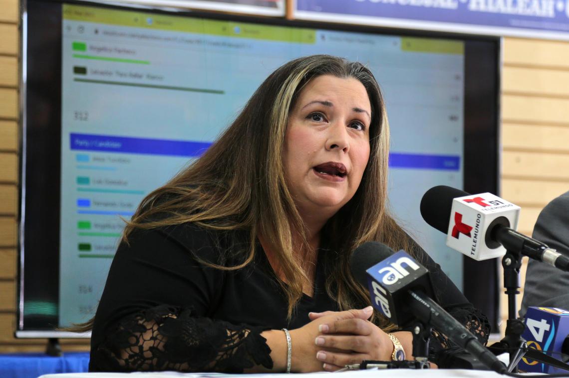 On Thursday, Nov. 7, 2019, political strategist Sasha Tirador speaks in Hialeah during a press conference about possible anomalies in the computer system of the Miami-Dade County Elections Department.