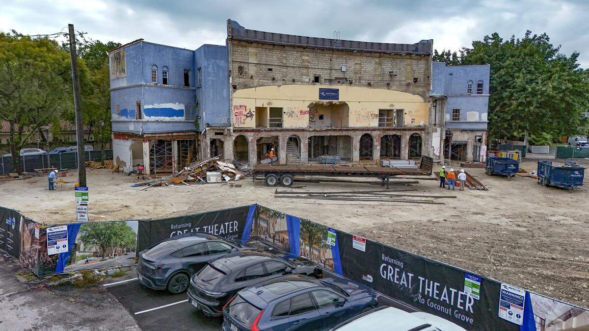 The rear portion of the Coconut Grove Playhouse has been fully demolished as the work continues on Wednesday, January 14, 2026 in Miami, Florida.