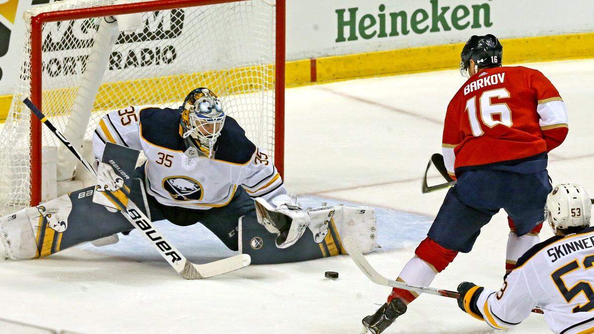 Florida Panthers Aleksander Barkov (16) attempts a goal as Buffalo Sabres Linus Ullmark (35) defends in the first period at the BB&T Center in Sunrise, Florida, Tuesday, February, 19, 2019.