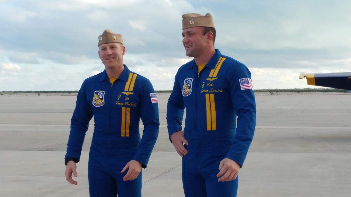 Lt. Cary Rickoff, left, and Lt. Commander Adam Kerrick are part of the U.S. Navy’s Blue Angels team.