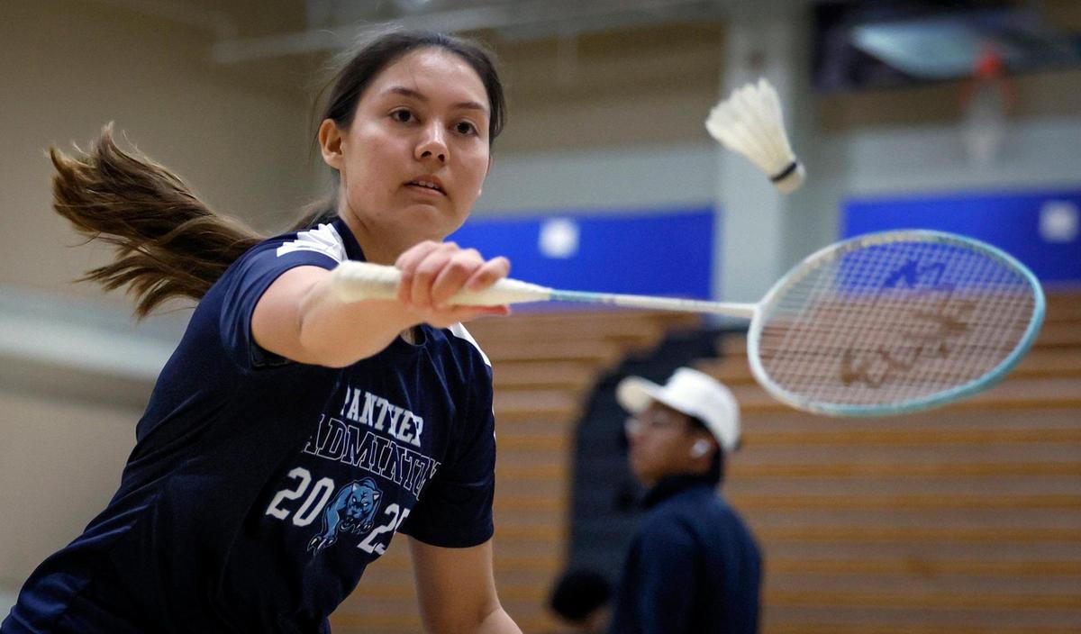 Miami Palmetto High School’s girls singles All-County Athlete Katarina Slazas in action during the Greater Miami Athletic Conference badminton finals at Braddock High School in Miami, Florida on Wednesday, April 23, 2025.