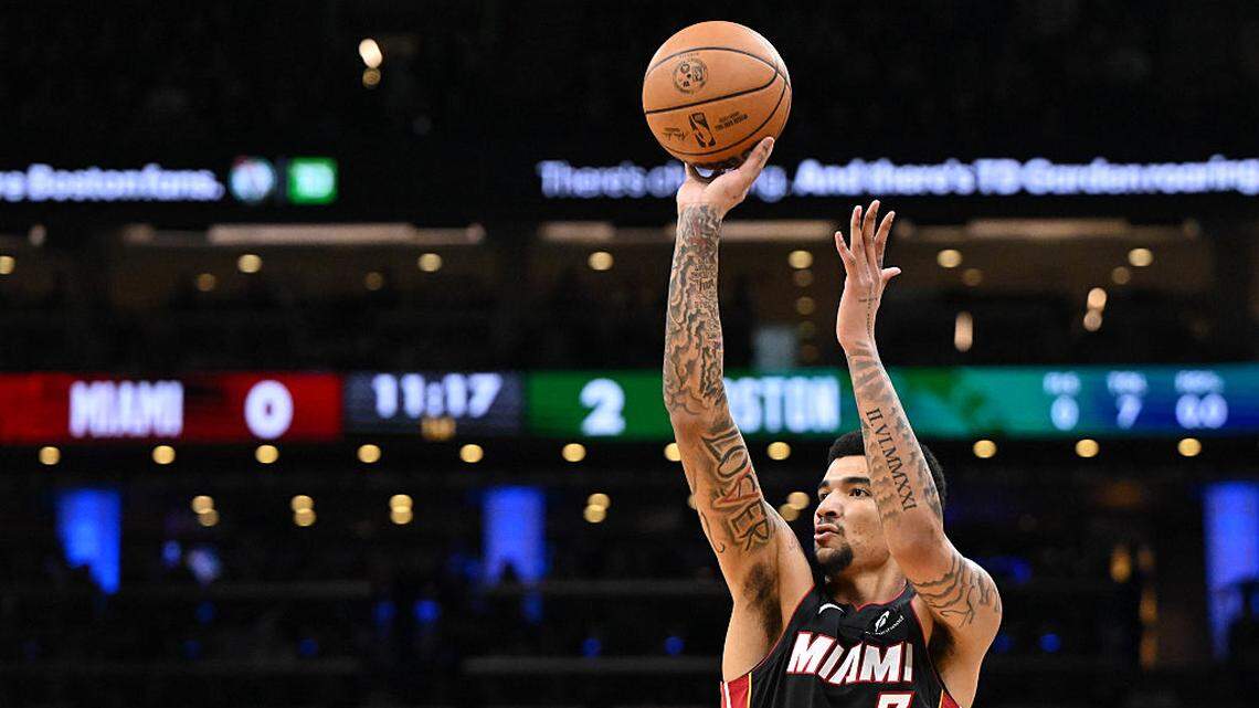 Kel'el Ware #7 of the Miami Heat attempts a shot against the Boston Celtics during the first half at TD Garden on December 19, 2025 in Boston.