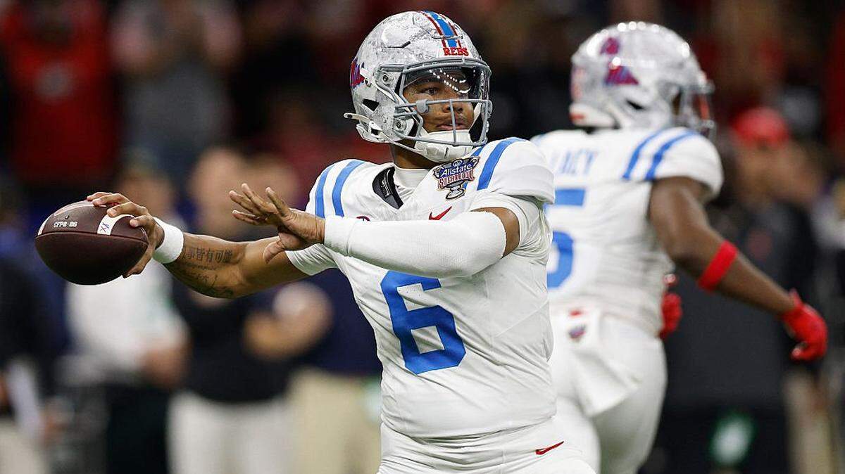 NEW ORLEANS, LOUISIANA - JANUARY 01: Trinidad Chambliss #6 of the Ole Miss Rebels throws a pass during the first quarter against the Georgia Bulldogs during the 2025 College Football Playoff Quarterfinal at the Allstate Sugar Bowl at Caesars Superdome on January 01, 2026 in New Orleans, Louisiana. (Photo by Sean Gardner/Getty Images)