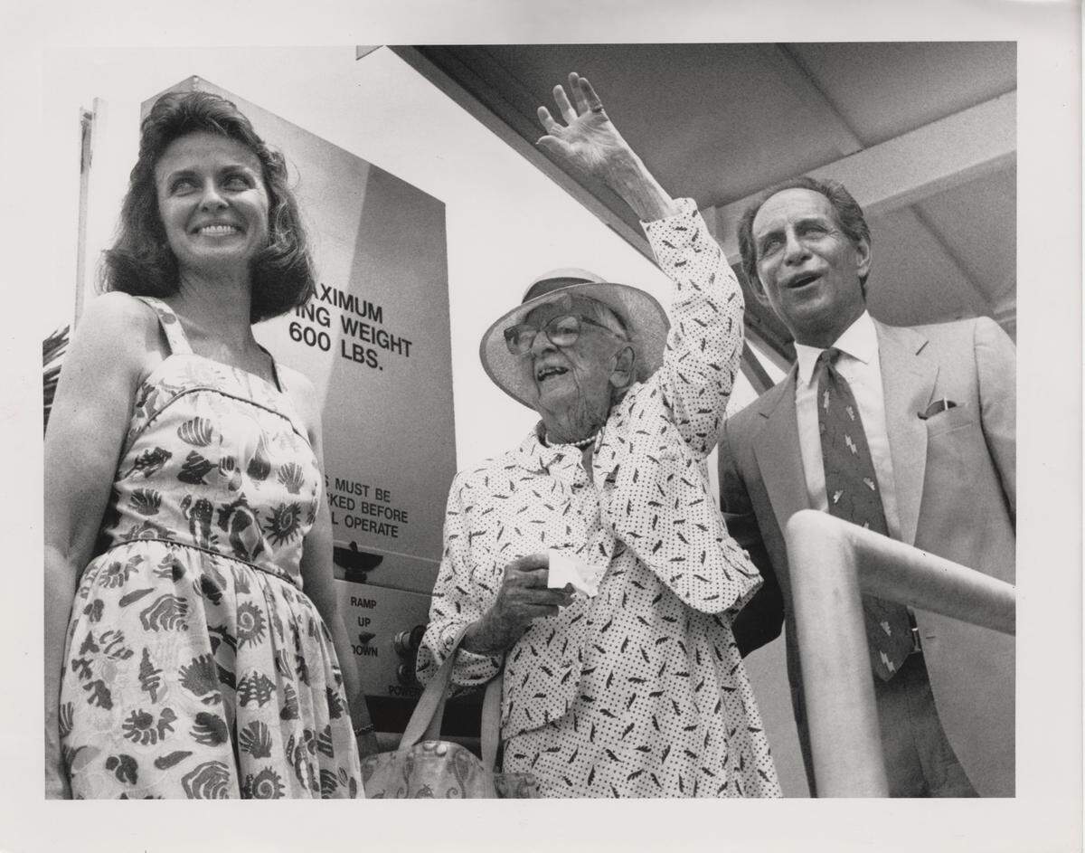 Marjory Stoneman Douglas arriving at the Marjory Stoneman Douglas Biscayne Nature Center with Sharon Richardson, left, national secretary of Friends of the Everglades, and Harvey Rubin.