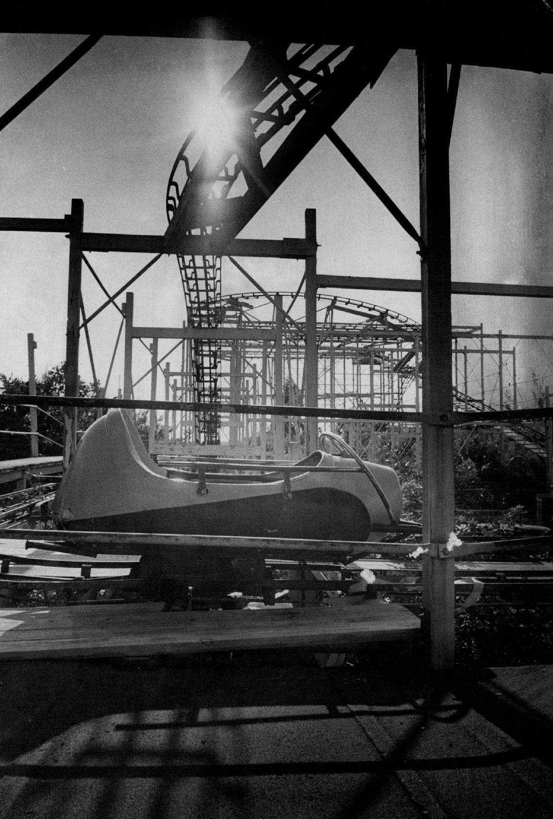 The remains of the Mousetrap roller coaster at Pirates World in 1975. The theme park closed in 1973.