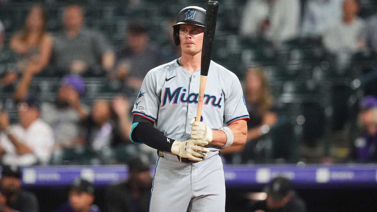 Aug 26, 2024; Denver, Colorado, USA; Miami Marlins pinch hitter Griffin Conine (56) during the ninth inning against the Colorado Rockies at Coors Field. Mandatory Credit: Ron Chenoy-USA TODAY Sports