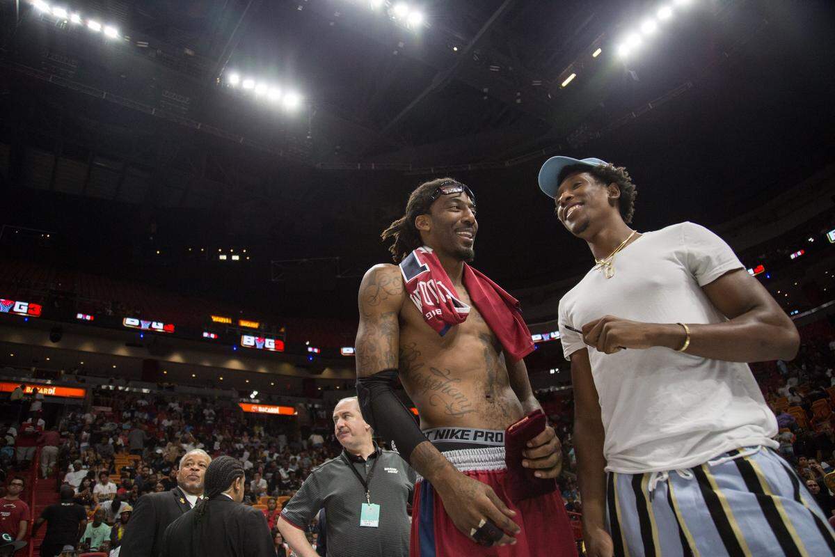 Amar’e Stoudemire (1) talks to the Miami Heat's Josh Richardson after his game against Ghost Ballers during a Big3 basketball game at AmericanAirlines Arena on Friday, July 20, 2018.